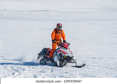 Smjorfjoll Iceland - March 30. 2019: Snowmobile Rider From Iceland Search And Rescue