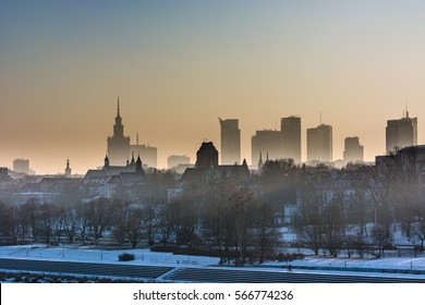 Smog Over Warsaw City In Winter Scenery