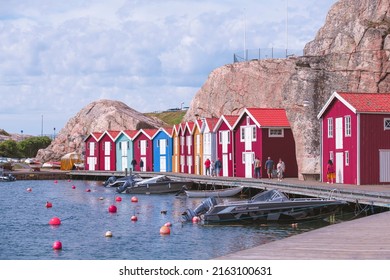 Smogen, Sweden -May 29, 2022: Color Houses in the fishing village called Smögen in Sweden. Beautiful view of  Smögen, Sweden. 