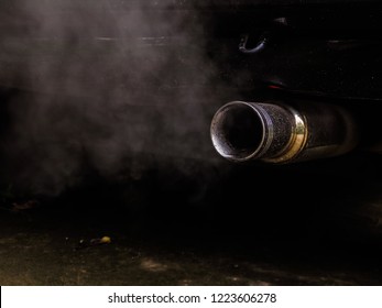 Smoke From Car Pipe Exhaust. Old Dirty Car