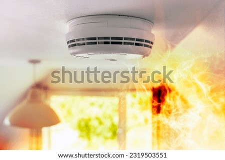 Smoke detector and interlinked fire alarm on ceiling in action background with copy space Stock photo © 