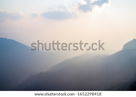 A smoke filled valley at Devils Gullet in Tasmania from all the bushfires in NSW and Victoria
