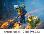 Smoke, flame and firefighter in forest for emergency, disaster management and damage control in bush. Mountain, help and man with fire rescue, volunteer service and courage for nature conservation