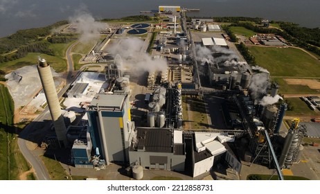 Smoke Pollution From Paper Mill Factory, Rotating Aerial View