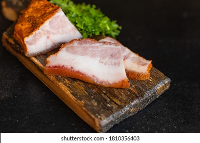smoked bacon spices meat pork cheek serving size salt raw natural product top view copy space for text