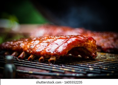 Smoked BBQ Ribs on Grill Egg Smoker Close Up