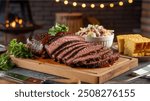 Smoked Brisket: Slow-cooked beef brisket, smoked to perfection, resulting in tender, flavorful meat with a smoky crust, often served sliced with barbecue sauce.