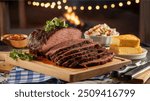 Smoked Brisket: Slow-cooked beef brisket, smoked to perfection, resulting in tender, flavorful meat with a smoky crust, often served sliced with barbecue sauce.