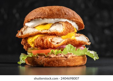 Smoked chickenburger centred on black backgrounds with double schnitzel, onion, cheddar, iceberg lettuce, tomato and barbeque sauce. Delicious burger beef and bacon , sandwich, fast food