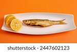 Smoked dried fish isolated on orange background