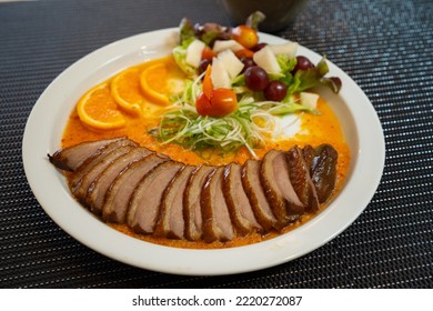 Smoked Duck Breast With Orange Sauce, Fine Dinning Food, Thai Traditional Food. Infusion Food, Close Up Shot