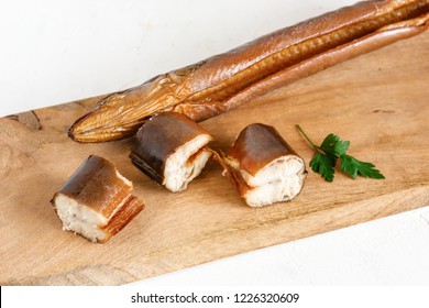 Smoked eel ready to eat. Delicious freshly made seafood.