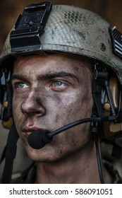 Smoked Face Of US Army Ranger Wearing Combat Helmet. Closeup Portrait. Bright Eyes Of Soldier, Young Boy At War, Sacrifice Concept