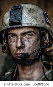 Smoked Face Of US Army Ranger Wearing Combat Helmet. Closeup Portrait. Bright Eyes Of Soldier, Young Boy At War, Sacrifice Concept