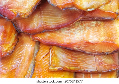 Smoked Halfs Of Salmon Carcass, Hot Smoked Salmon Fillet, Soft Focus