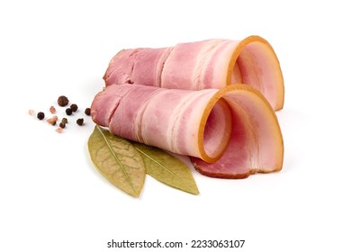 Smoked pork brisket slices, isolated on white background - Shutterstock ID 2233063107