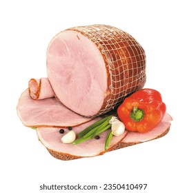Smoked pork ham. Polish meat cold cuts, isolated on a white background, a packshot photo.