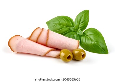 Smoked pork tenderloin, sliced ham, meat fillet, isolated on white background