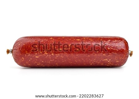 Smoked salami sausage, isolated on white background