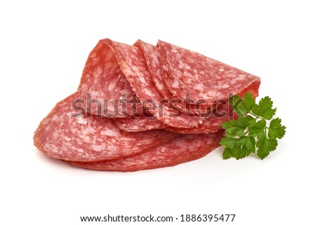 Smoked salami slices, isolated on white background.