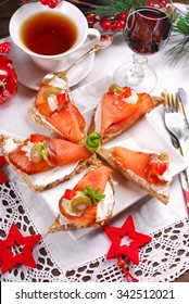 Smoked Salmon And Cream Cheese Canapes As Appetizer For Christmas