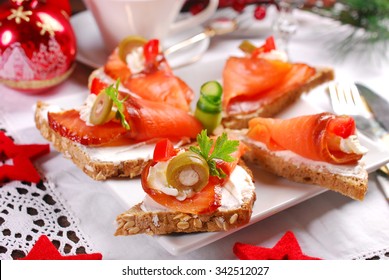 Smoked Salmon And Cream Cheese Canapes As Appetizer For Christmas