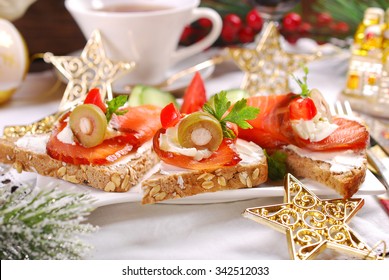 Smoked Salmon And Cream Cheese Canapes As Appetizer For Christmas