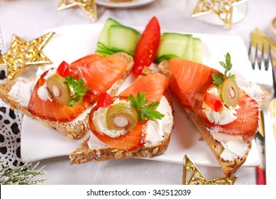 Smoked Salmon And Cream Cheese Canapes As Appetizer For Christmas