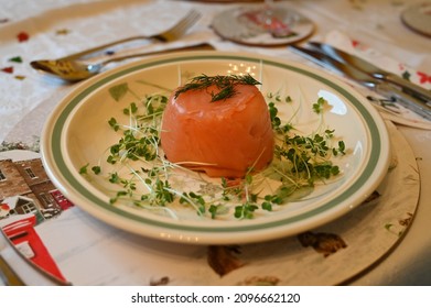 Smoked Salmon Mousse Parcel Entree. 