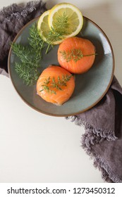 Smoked Salmon, Mousse, Pate With Dill And Lemon. Light White Background. Italian Food