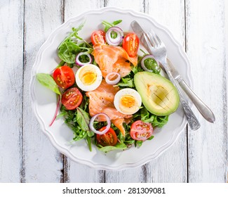 Smoked Salmon Salad With Greens, Tomatoes, Eggs And Avocado