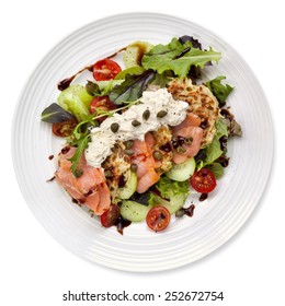 Smoked Salmon Salad With Potato Rosti And Creme Fraiche.  Overhead View, Isolated On White.