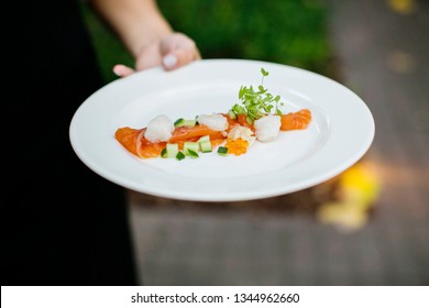 Smoked Salmon And Scallops Appetizer, Fancy Restaurant, Close Up Of Server With Plate