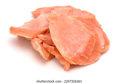 smoked salmon segments isolated over white background cutout. Prepared fish fillet fibres. - Shutterstock ID 2247326361