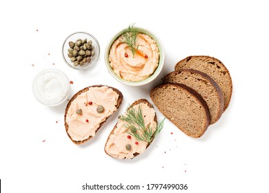 Smoked Salmon And Soft Cheese Spread  Pate With Brown Bread And Capers Isolated On White Background.