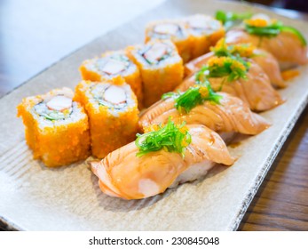 Smoked Salmon Sushi Set On Plate