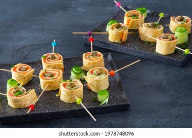 Smoked Salmon Tortilla Rolls (Pinwheels) With Cream Cheese, Cucumber And Capers