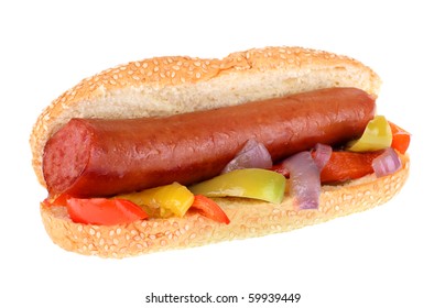 Smoked Sausage With Bell Peppers And Onions On A Sesame Seed Bun Isolated On White