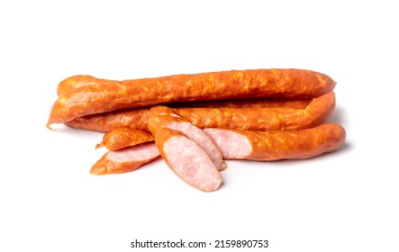 Smoked sausage slices isolated. Hunting salami cuts, chorizo, wurst, poland kielbasa, grilled frankfurt sausage, longaniza on white background