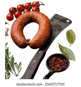 A smoked sausage is surrounded by fresh garlic, vibrant cherry tomatoes, aromatic herbs, and a small bowl of colorful peppercorns on a chopping board. - Powered by Shutterstock