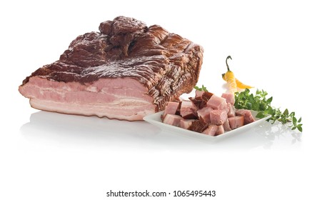 Smoked Slab Bacon With Plate. Isolated On White Background