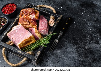 Smoked Sliced Pork Slab Bacon Meat In A Wooden Tray. Black Background. Top View. Copy Space