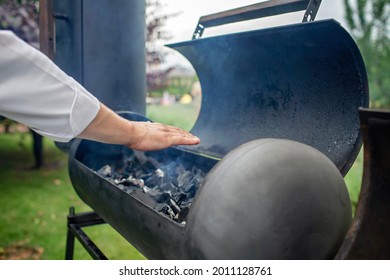 Smoker Grill In Home Backyard, Container With Coal, Smoke Coming Out Of A Smokestack, Barbecue On Green Background, Family Patio, Outdoor Bbq Party On Open Air