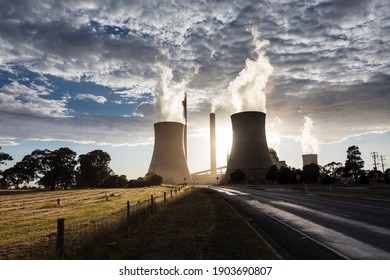 Smokestacks and cooling towers of coal fired power plants.