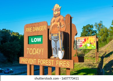 Smokey Bear Low Fire Danger Sign Is A Part Of Wildfire Prevention Campaign Public Service Advertising Campaign - California, USA - January, 2020