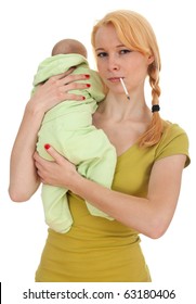 smoking cigarette mother with three months old son