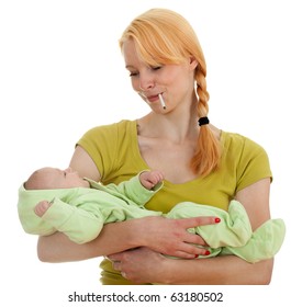 Smoking Cigarette Mother With Three Months Old Son Smoking Cigarette Mother With Three Months Old Son
