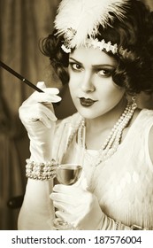 Smoking And Drinking Flapper Lady From 1920s