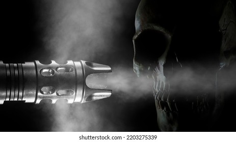 Smoking Gun Muzzle With Skull Behind On A Black Background