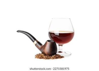 Smoking pipe, tobacco and glass of alcohol isolated on white background